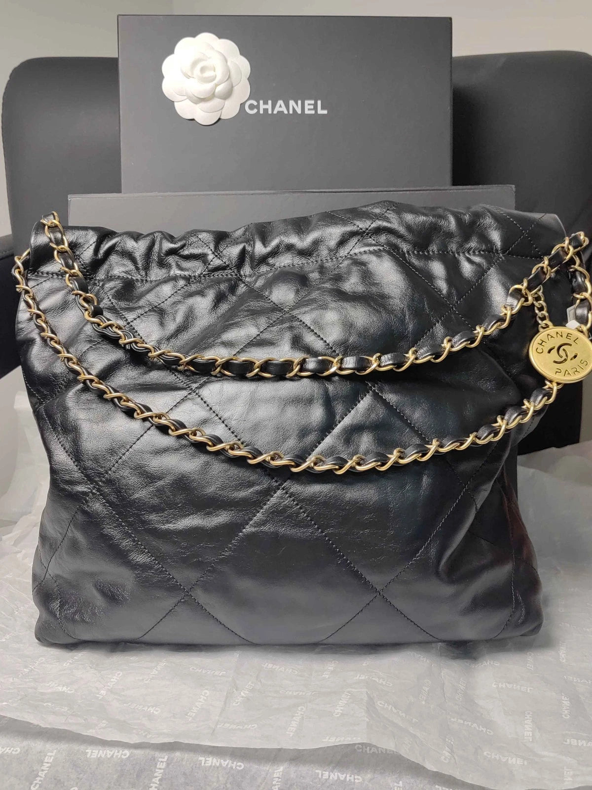 CHANEL 22 Bag Black Gold Medium Tote Shoulder Bag for Women