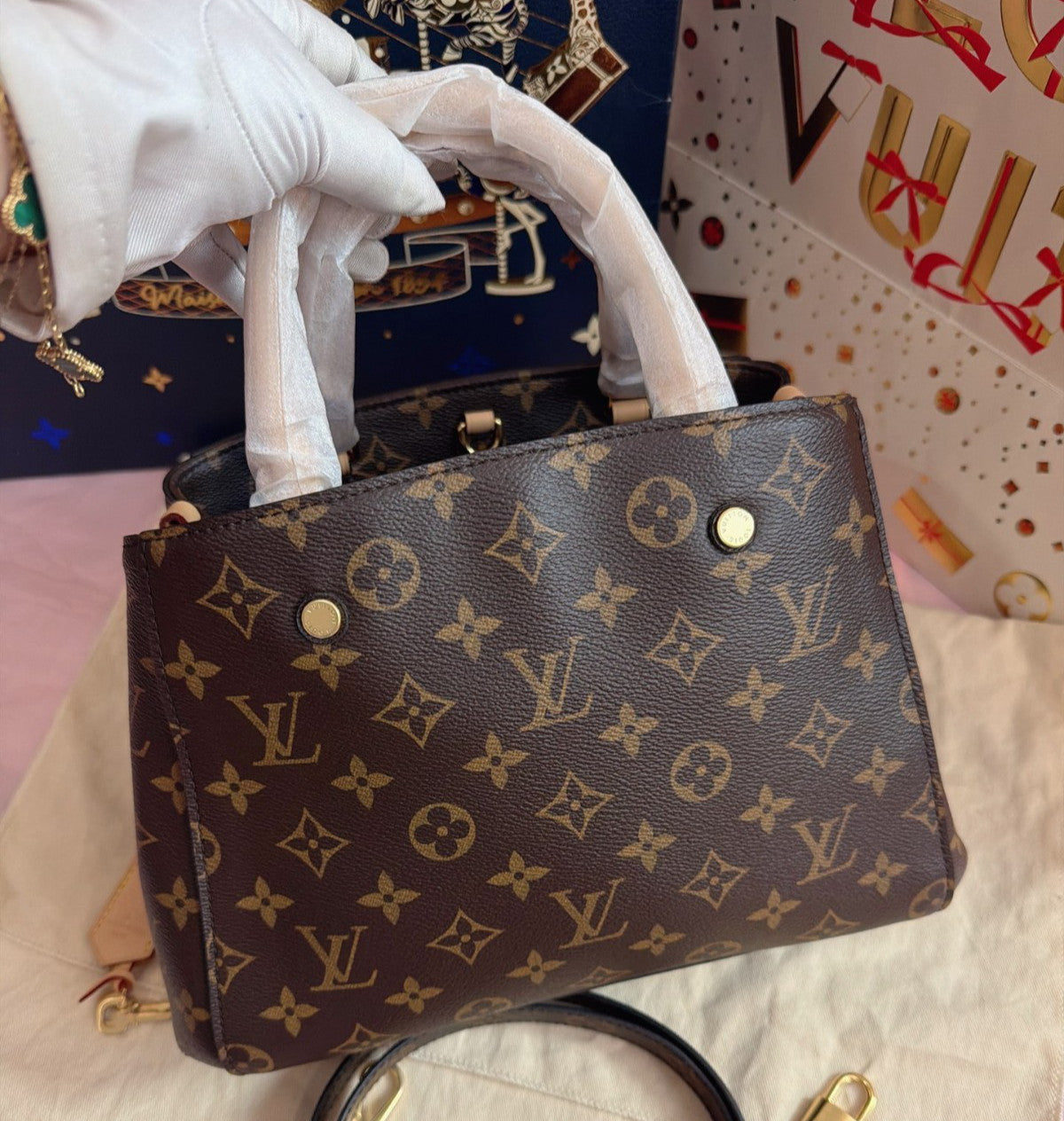 Louis Vuitton Montaigne BB Monogram Top Handle Crossbody Brown Women Classic