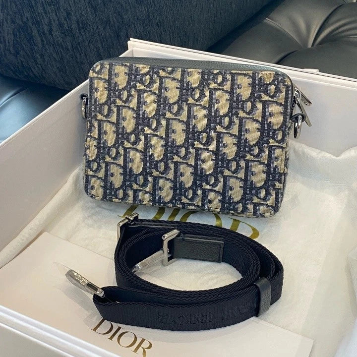 Christian Dior Oblique Canvas Shoulder Bag Crossbody Blue Silver Women Classic D