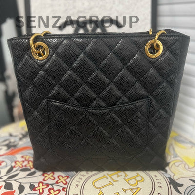 Chanel Black Gold PST Tote Chain Shoulder Bag Quilted Classic Women