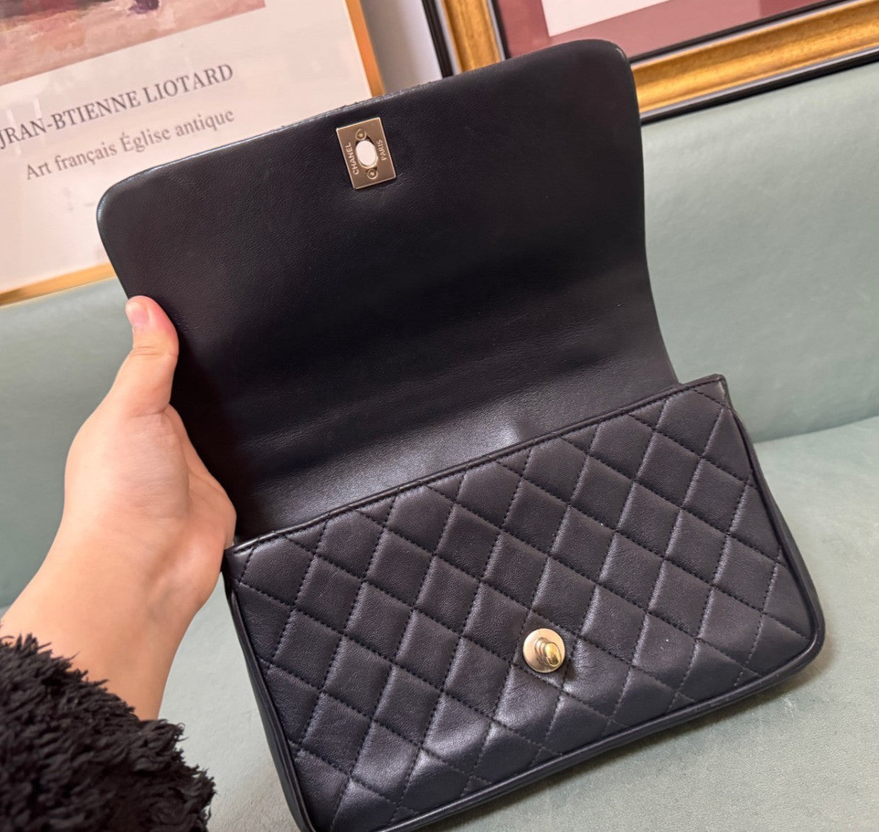 Chanel Calfskin Diamond Chain Top Handle Crossbody Black Gold Women Classic