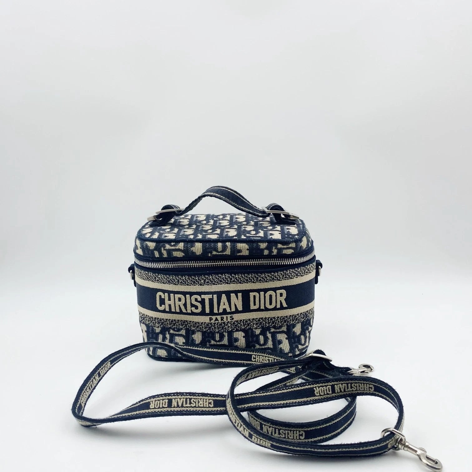 Authentic Dior Blue Canvas Embroidered Crossbody Vanity Bag For Women