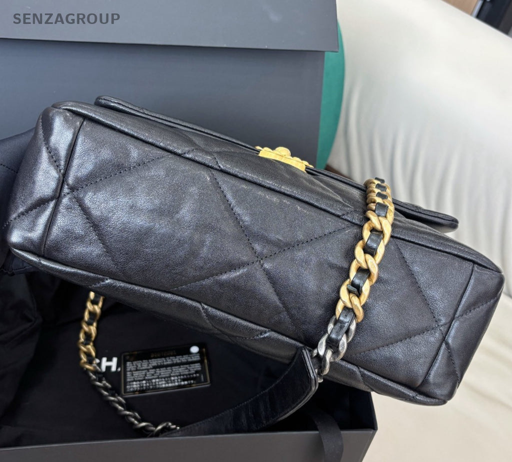 Chanel 19Bag MM Chain Shoulder Bag Crossbody Black Gold Women Classic Fashion