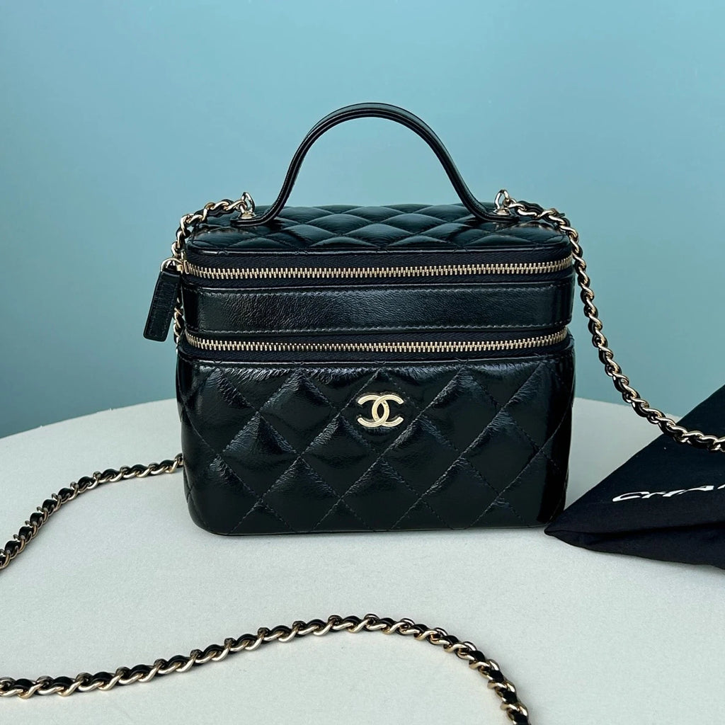 Chanel Diamond Calfskin Chain Top Handle Crossbody Black Gold Women Classic