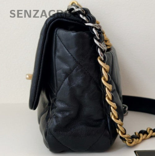 Chanel 19 PM Chain Shoulder Bag Black Gold Used Women Classic Diamond Pattern