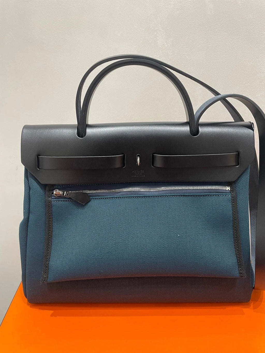 Authentic Hermes Herbag31 Canvas Tote Bag Navy Black For Women