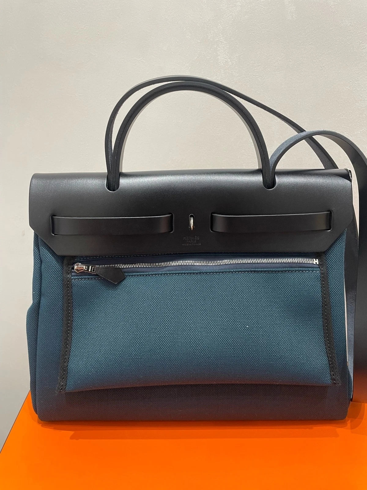 Authentic Hermes Herbag31 Canvas Tote Bag Navy Black For Women
