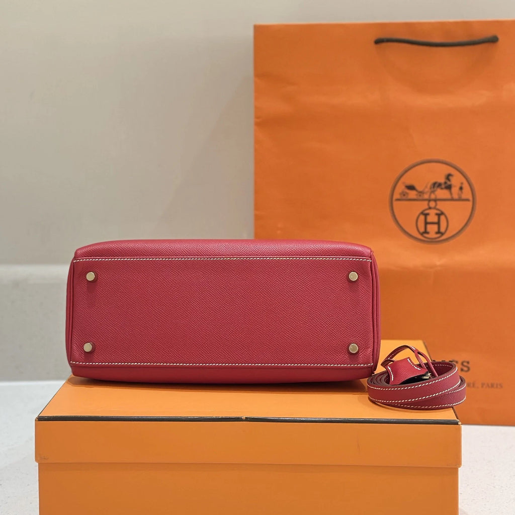 Hermes Red Gold Kelly28 Epsom Top Handle Bag For Women