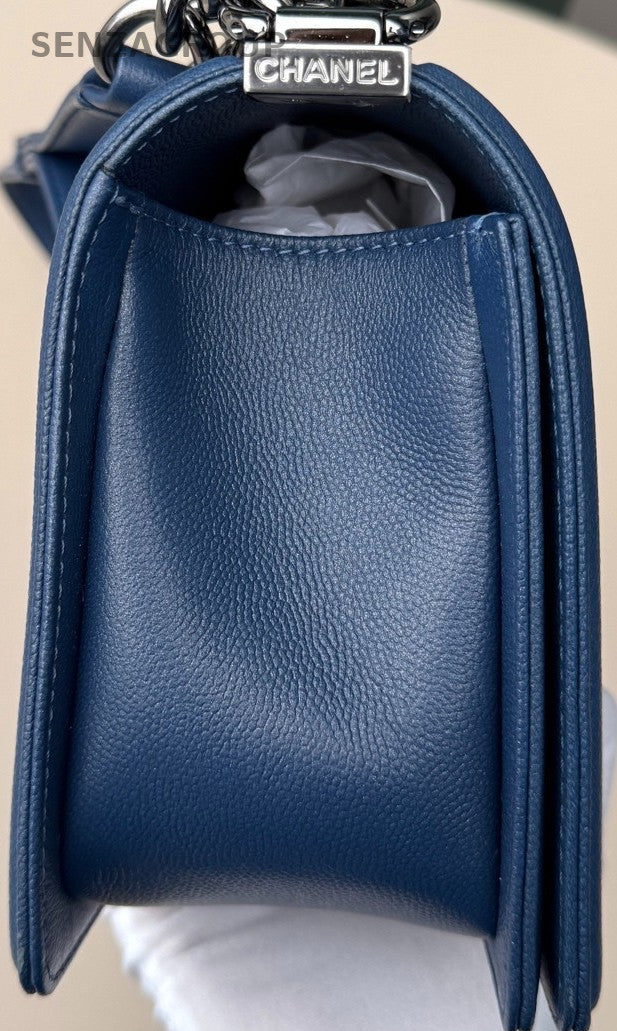 Chanel Leboy MM Chain Shoulder Bag Blue Silver Used Women Classic Designer