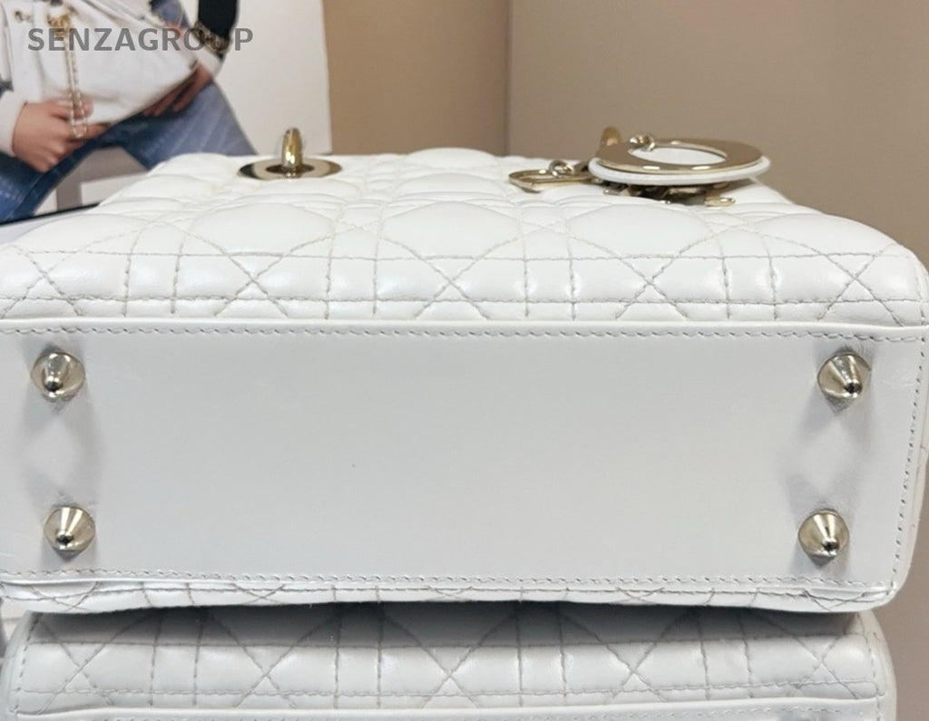 Dior Princess Diana Lambskin Leather Top Handle Bag White Gold Women Classic