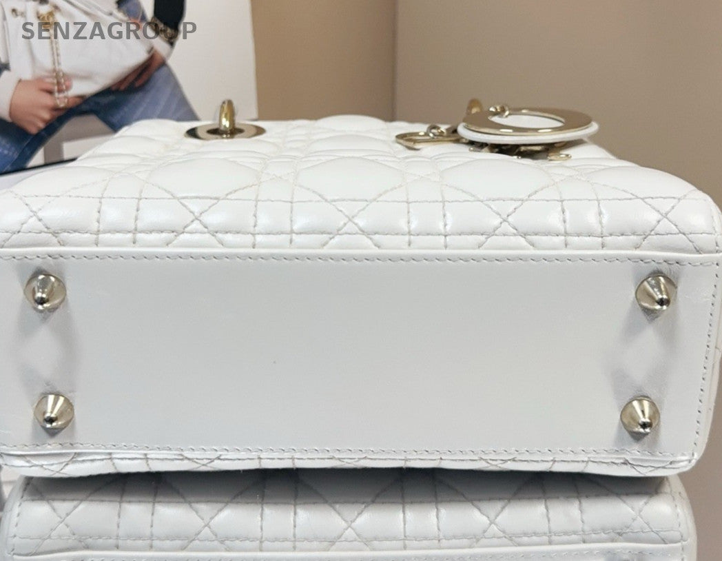 Dior Princess Diana Lambskin Leather Top Handle Bag White Gold Women Classic