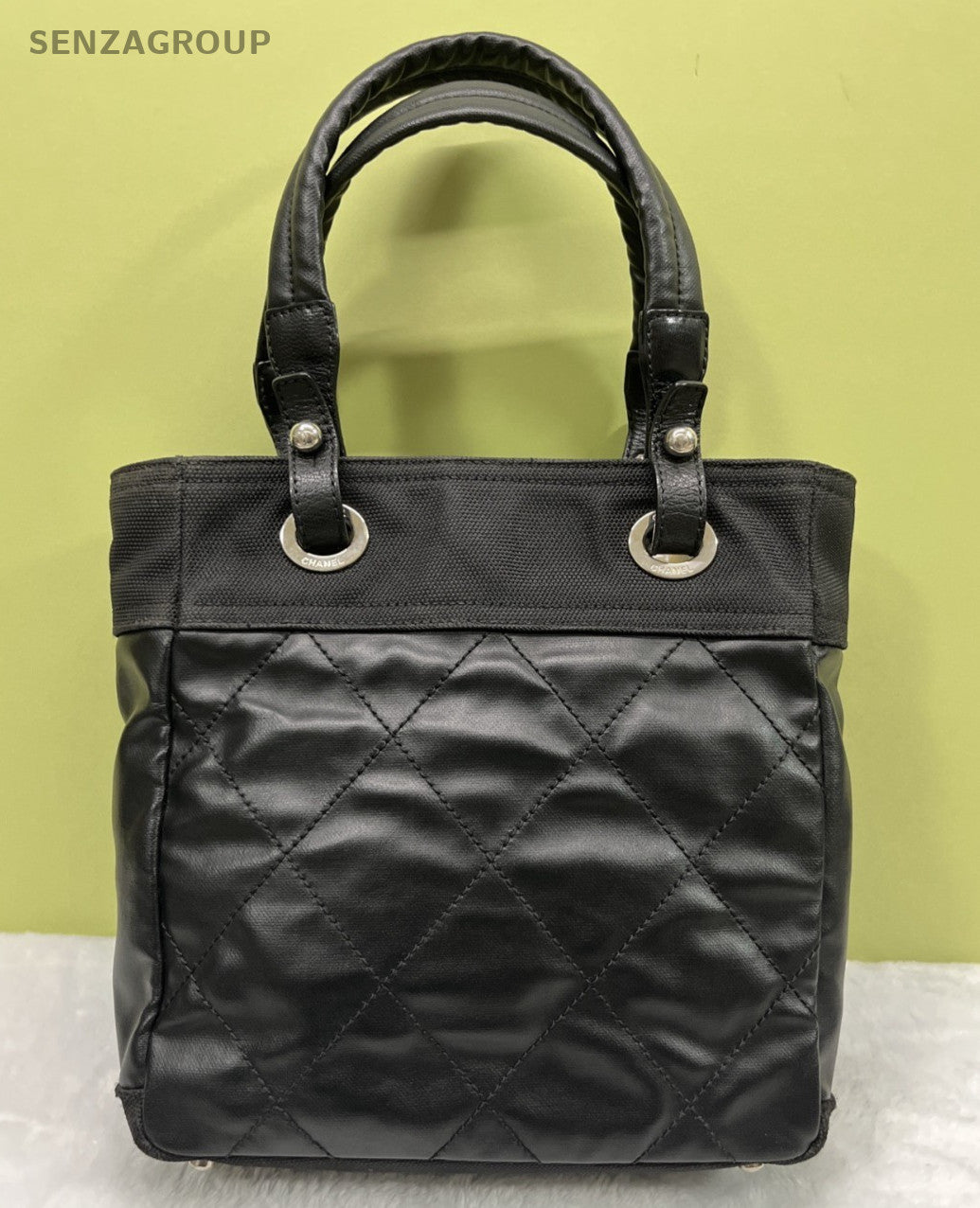 Chanel CC Logo Diamond Tote Shoulder Bag Black Silver Women Classic