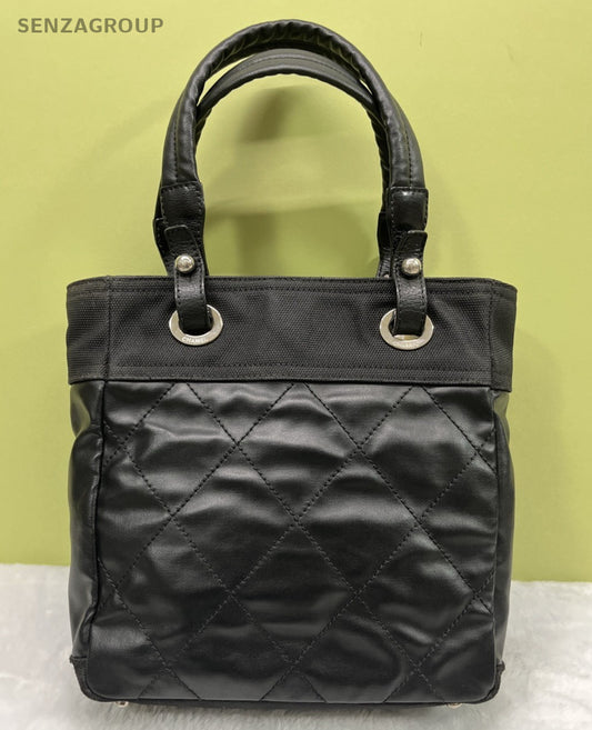 Chanel CC Logo Diamond Tote Shoulder Bag Black Silver Women Classic