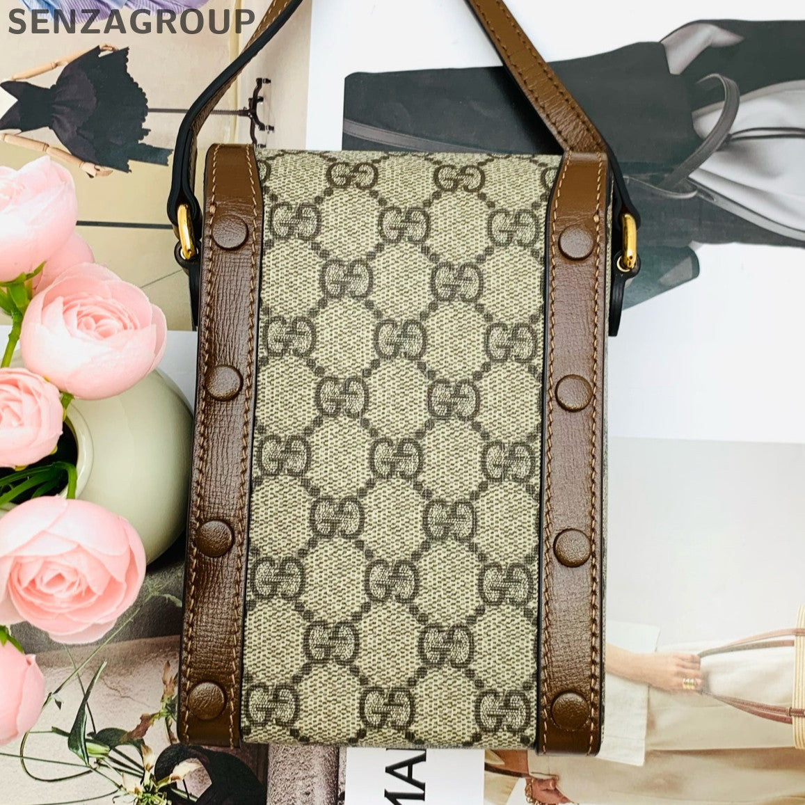 Gucci GG Supreme Brown Vertical Phone Bag Crossbody For Women