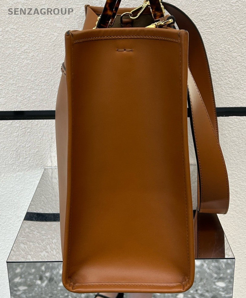 Fendi Sunshine Calfskin Tote Handbag Crossbody Brown Gold Women Classic Designer