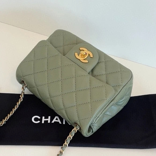 Chanel Classic Flap Chain Shoulder Crossbody Diamond Green Gold Women Fashion
