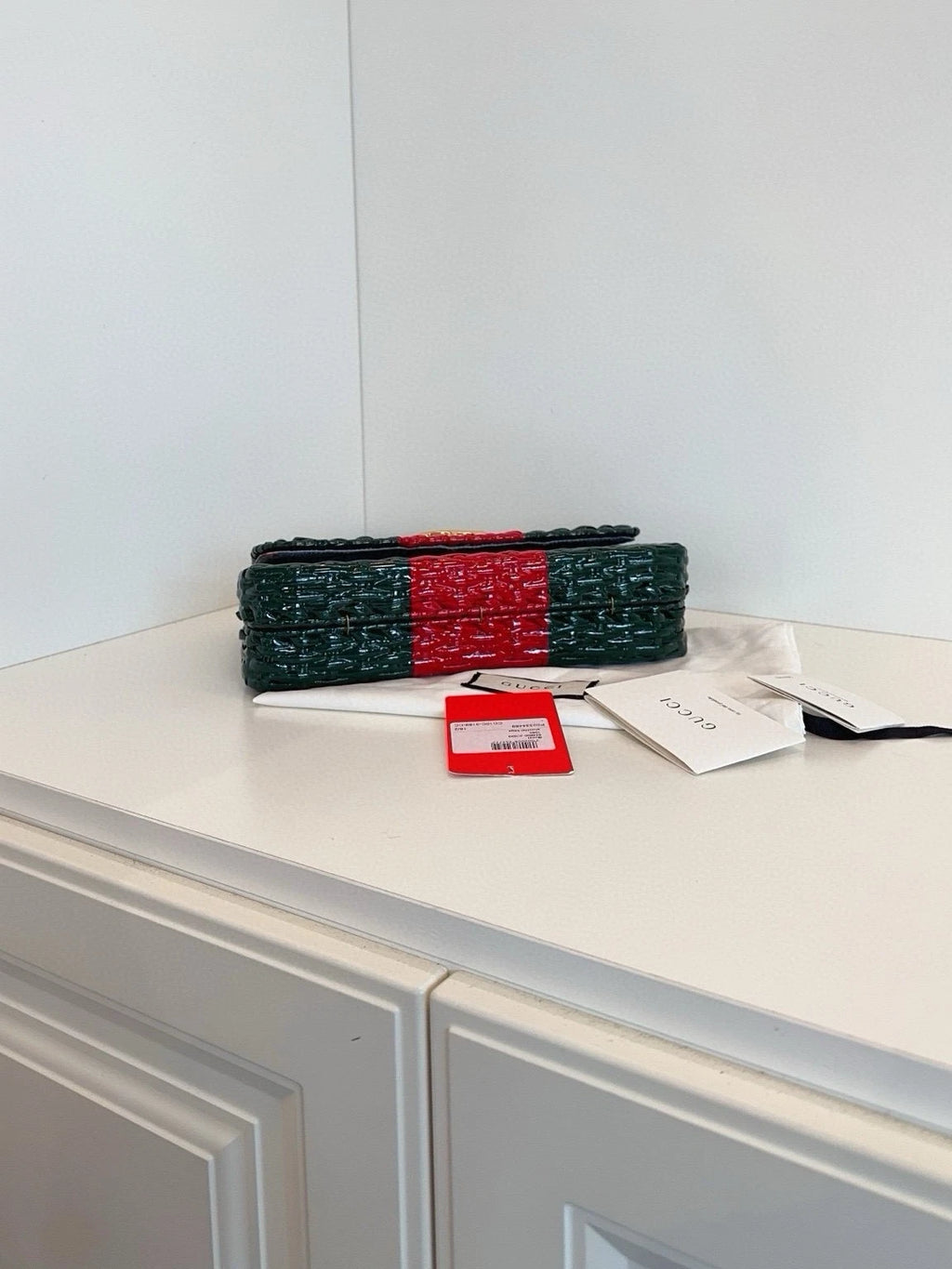 Gucci Women Green Red Striped Woven Chain Shoulder Bag