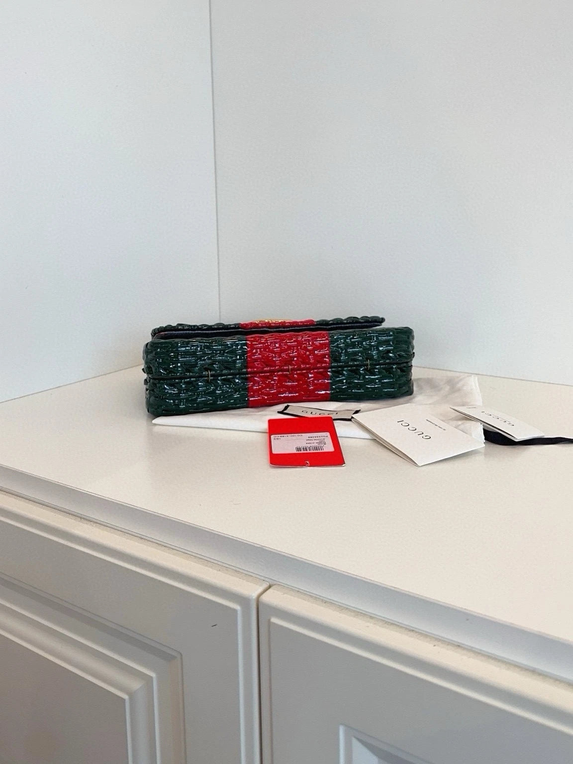 Gucci Women Green Red Striped Woven Chain Shoulder Bag