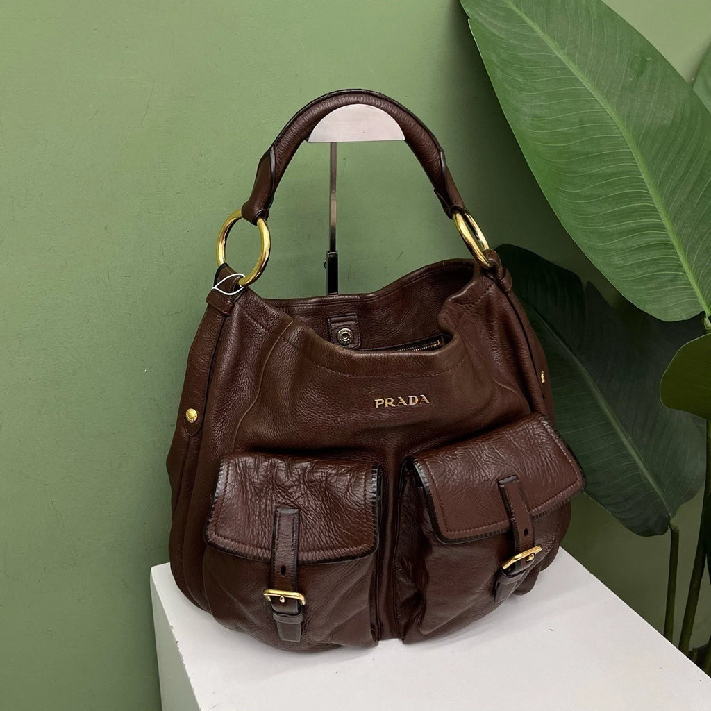 Prada Cervo Shine Hobo Tote Top Handle Bag Shoulder Bag Brown Women
