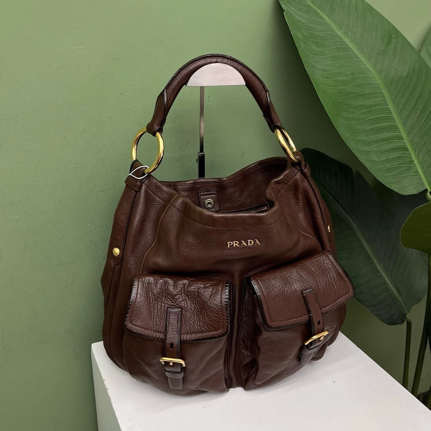 Prada Cervo Shine Hobo Tote Top Handle Bag Shoulder Bag Brown Women
