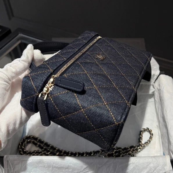 Chanel Denim Vanity Case Dark Blue Top Handle Shoulder Crossbody Bag Women D