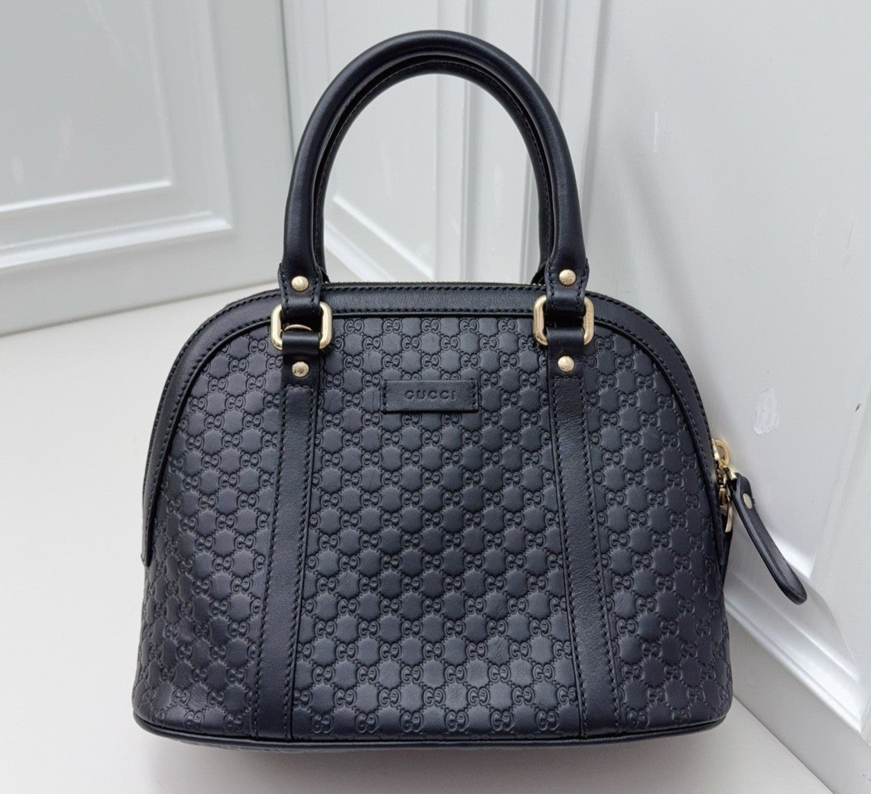 GUCCI Alma bb Monogram Empreinte 2WAY Shoulder Handbag Black Gold Women