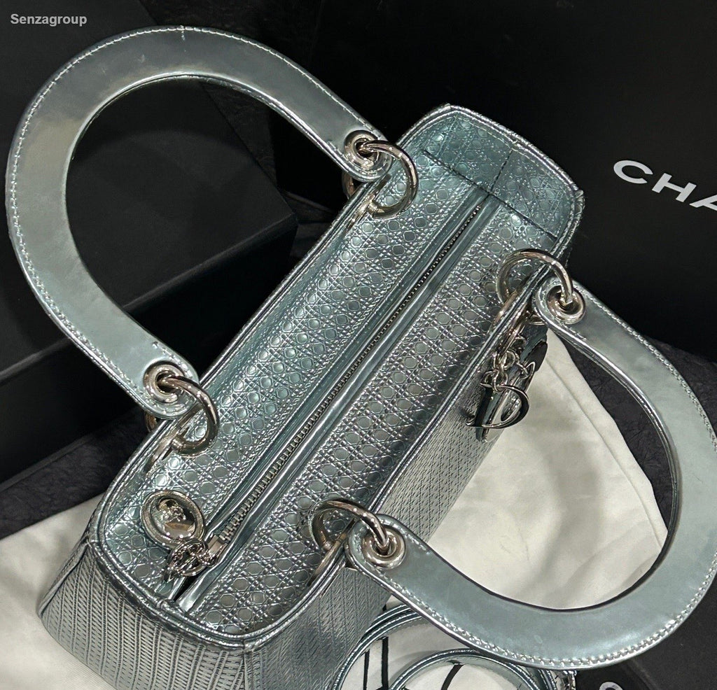 Christian Dior Lady Dior Top Handle Crossbody Blue Silver Women Classic Fashion