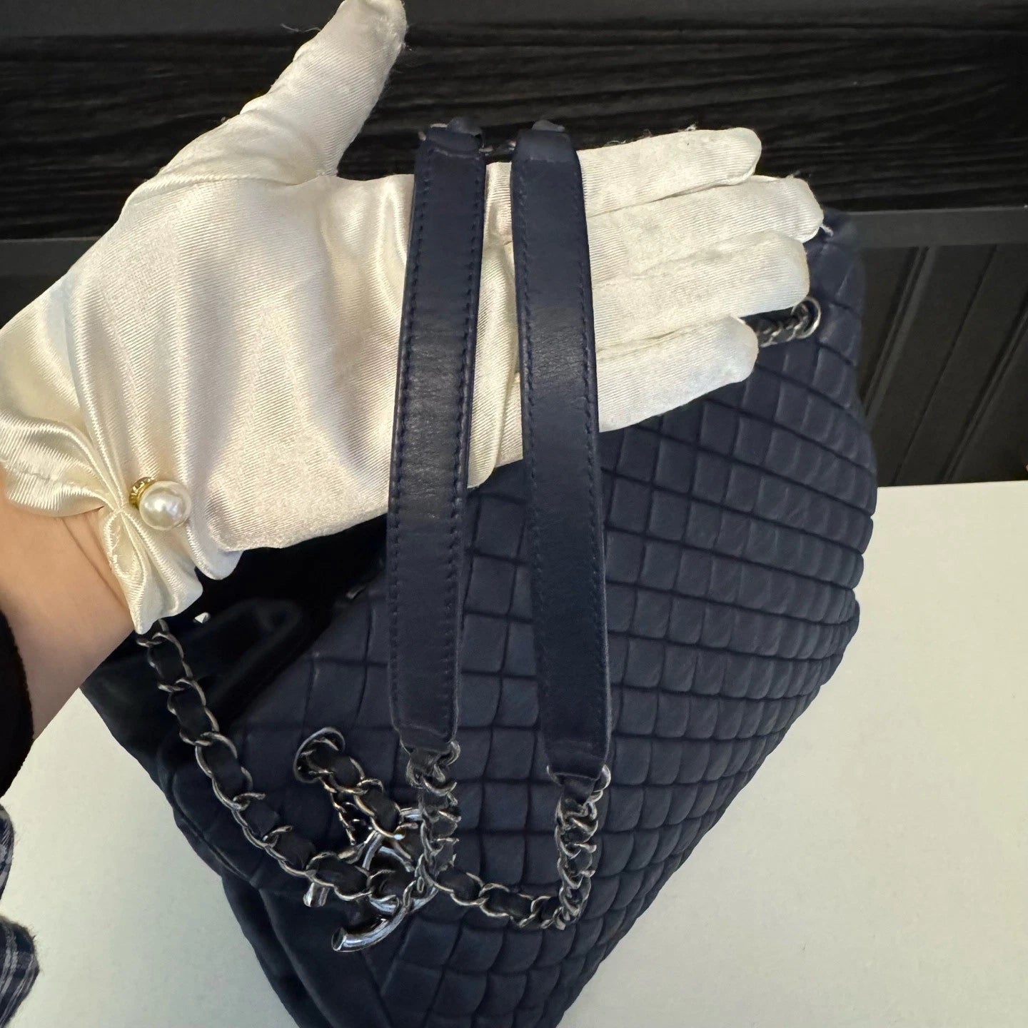 Chanel Bubble Quilt Tote Chain Shoulder Bag Blue Silver Women Diamond Classic