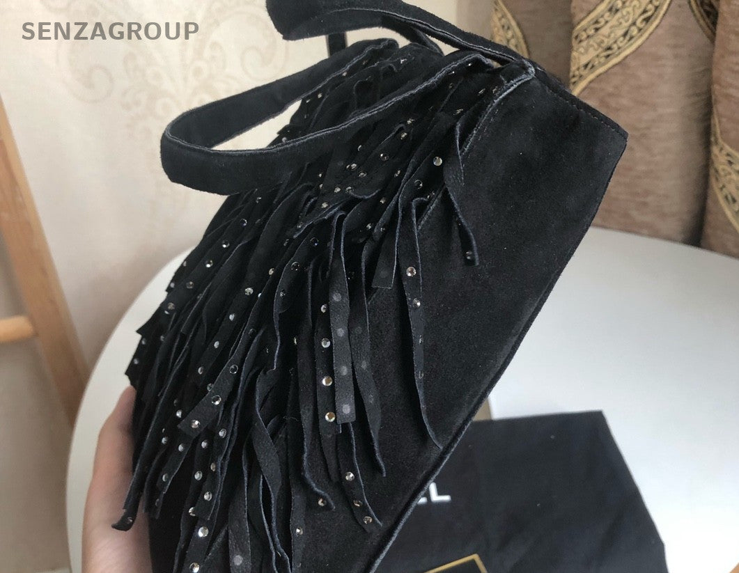 CHANEL mink fringed Handbag Shoulder Women Black Bag