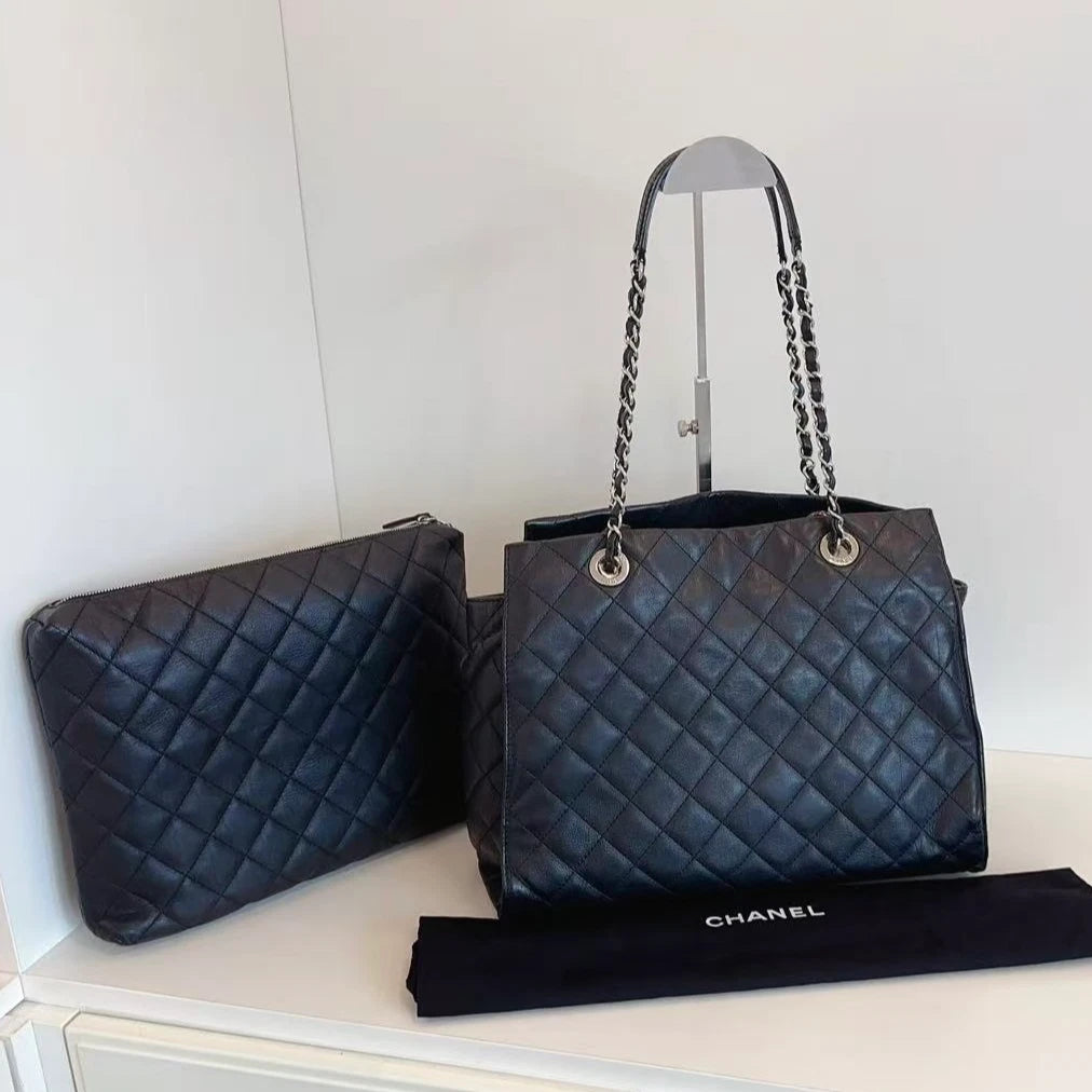 Chanel Calfskin Tote Chain Shoulder Bag Black Silver Diamond Women Classic