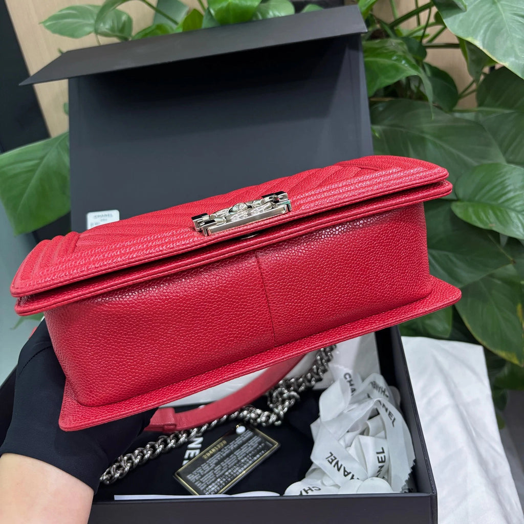 Chanel Leboy MM Calfskin Chain Shoulder Bag Crossbody Red Silver Women Classic