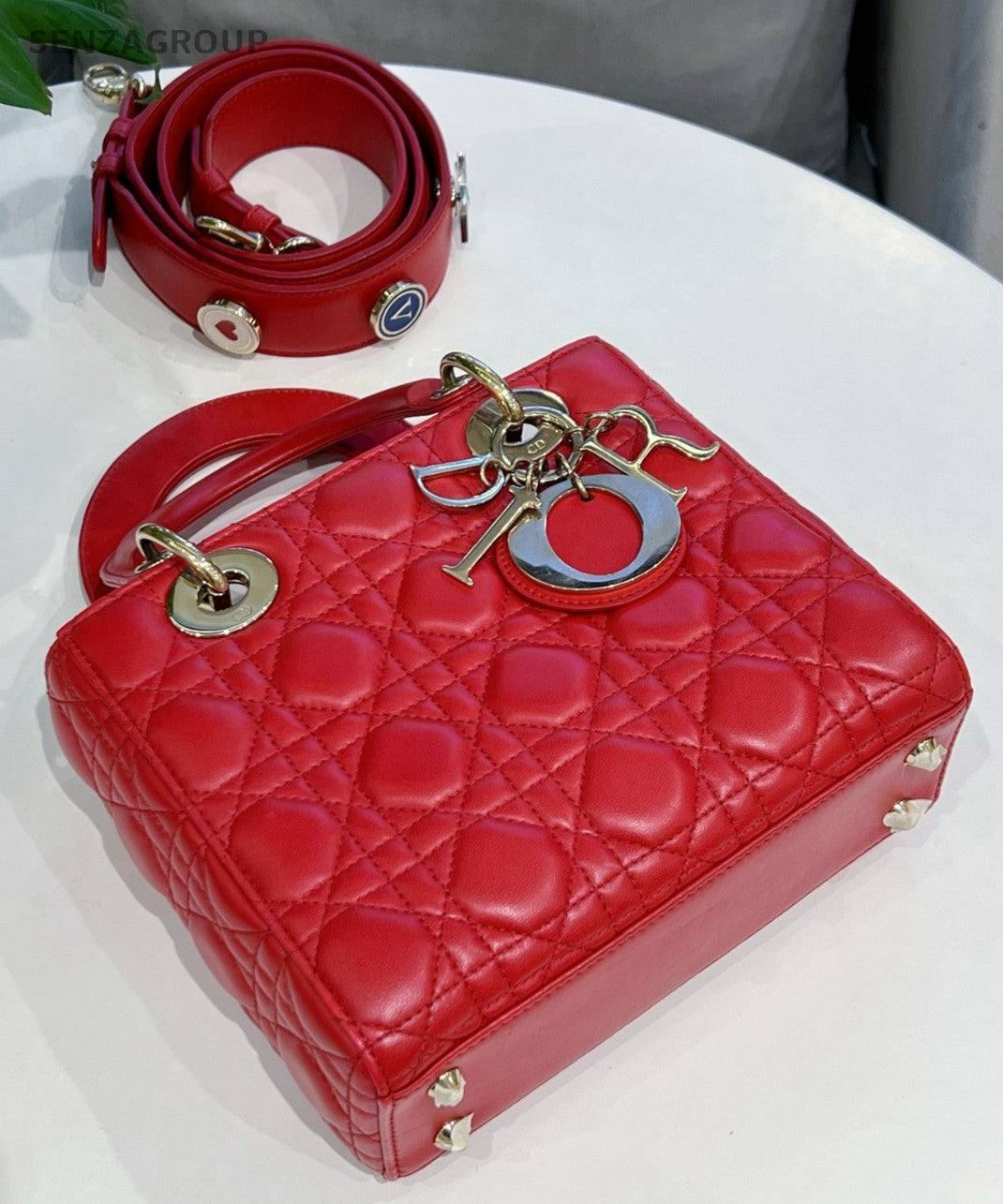 Christian Dior Lady Dior 2Way Crossbody Shoulder Bag Red Gold Women Classic