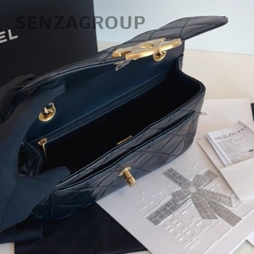 Chanel 24B Diamond Chain Shoulder Bag Crossbody Black Gold Women Classic