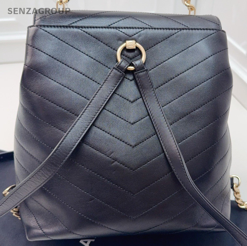 Chanel Calfskin Chain Backpack Black Red Gold Women Classic Vintage