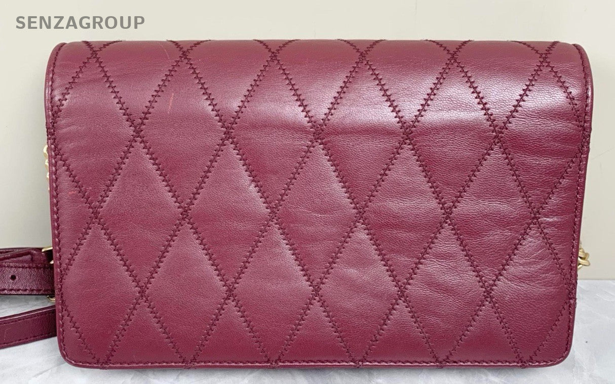 YSL Saint Laurent Diamond pattern Logo Shoulder bag Crossbody Wine Red Women
