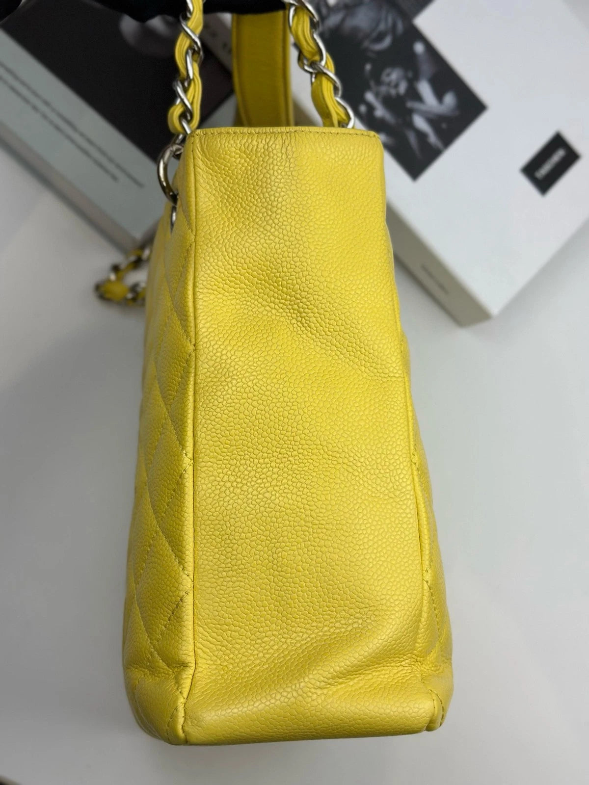 Authentic Chanel GST PM Silver Hardware Chain Yellow Tote Shoulder Bag Diamond