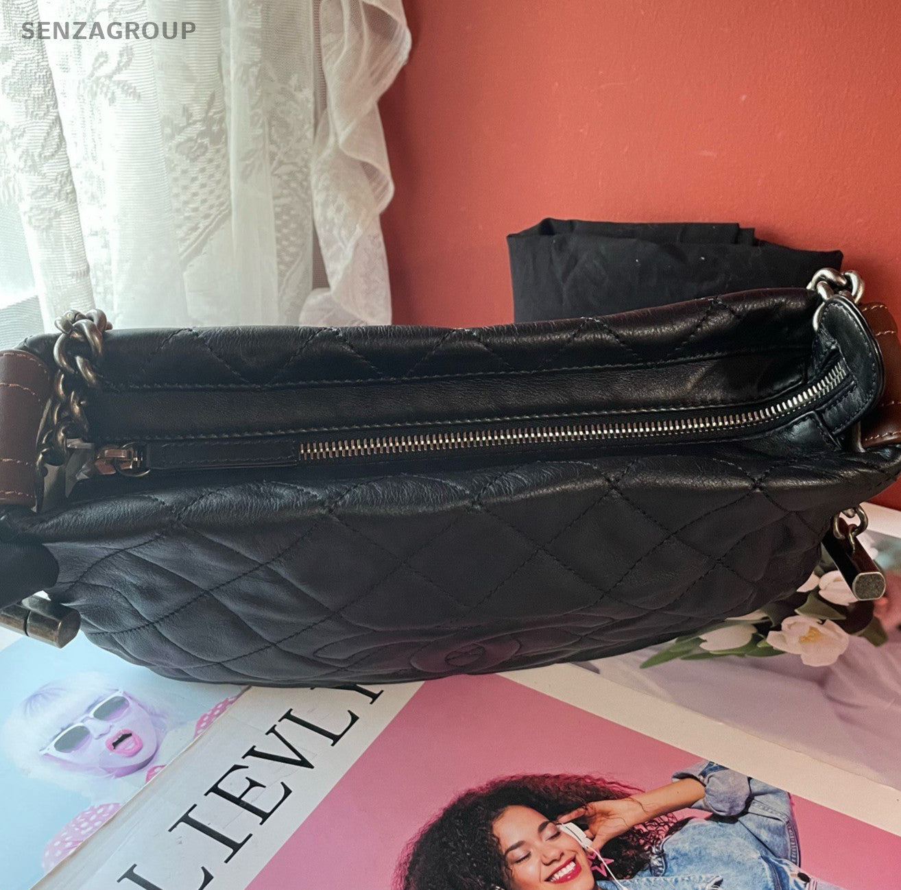 Chanel Calfskin Diamond CC Logo Chain Shoulder Bag Black Silver Women Classic