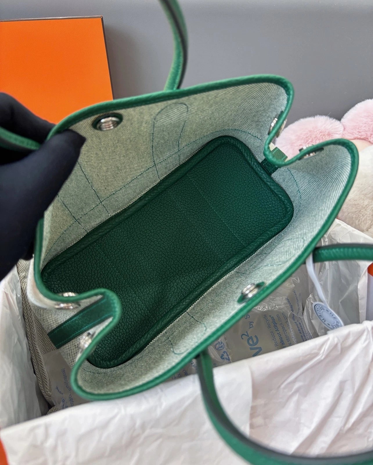 Hermes Garden Party Mini Top Handle Bag Green Silver Women Classic Designer