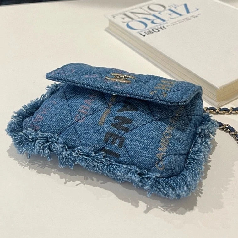 CHANEL Denim Fringe Trim Flap Shoulder Crossbody Bag