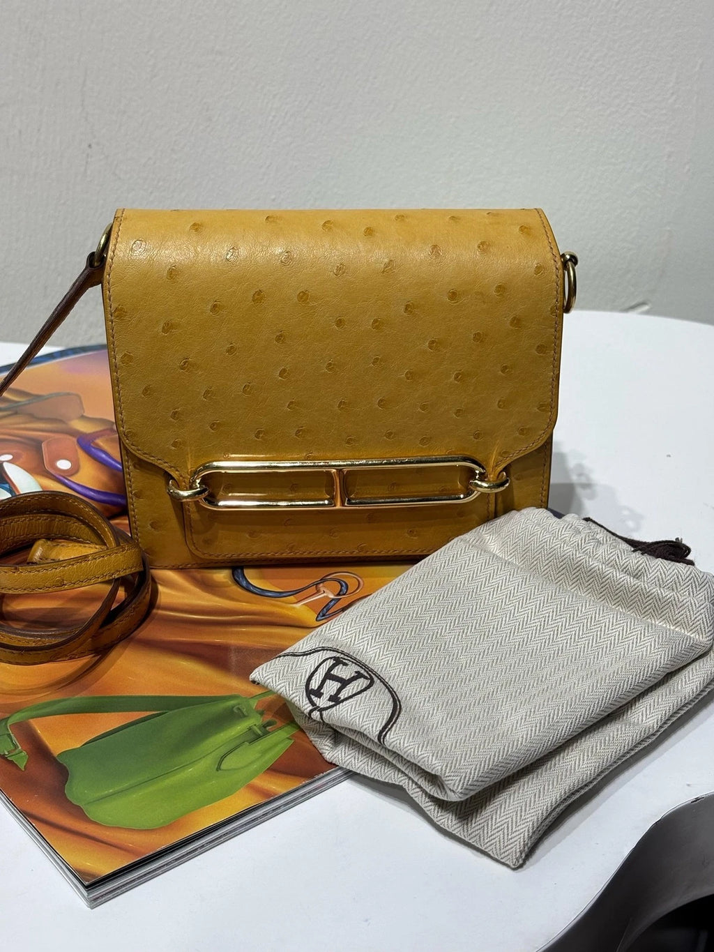 Hermes Roulis 19 Yellow Ostrich Leather Shoulder Bag For Women