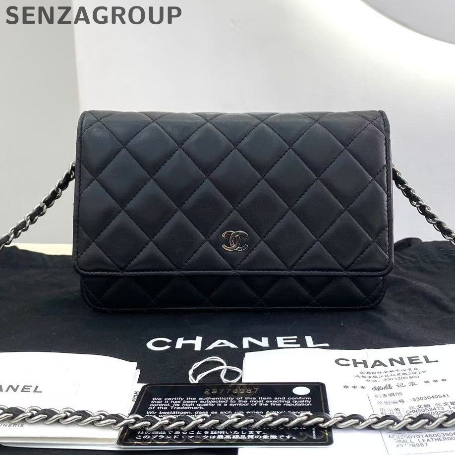 Chanel Black Lambskin WOC Quilted Chain Shoulder Bag Silver Hardware