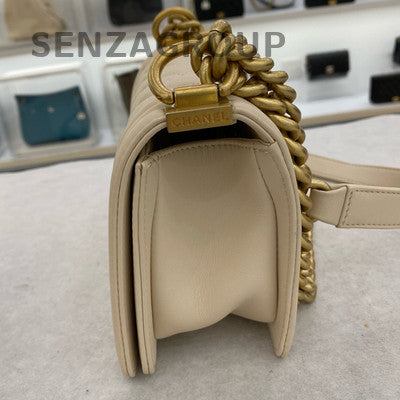 Chanel Le Boy Calfskin Quilted Chain Shoulder Bag in White Gold