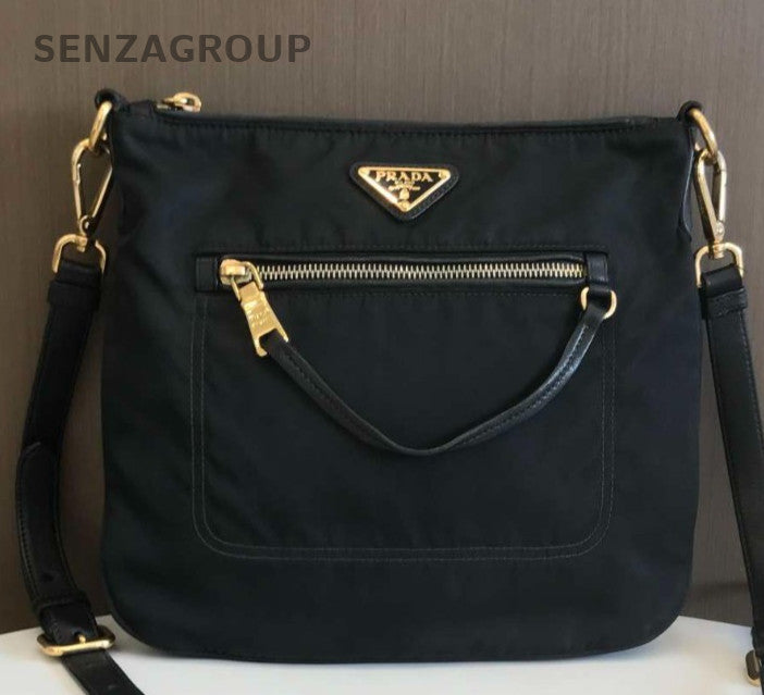Prada Nylon Hobo Shoulder Bag Crossbody Black Gold Women Classic