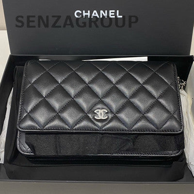 Chanel WOC Lambskin Black Silver Chain Shoulder Crossbody Bag Classic Quilted