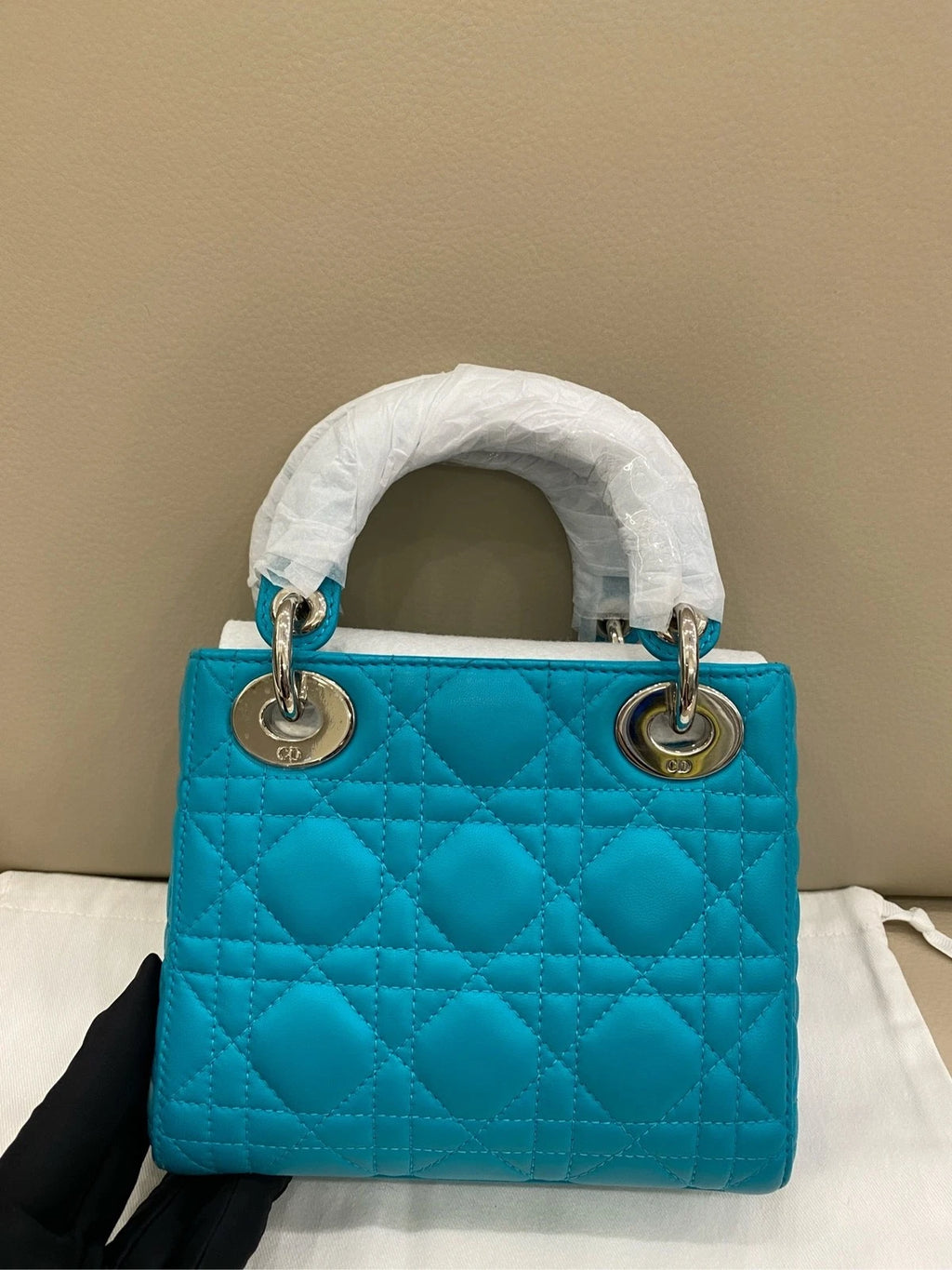 Dior Lady Dior Leather Blue Shoulder Bag Excellent