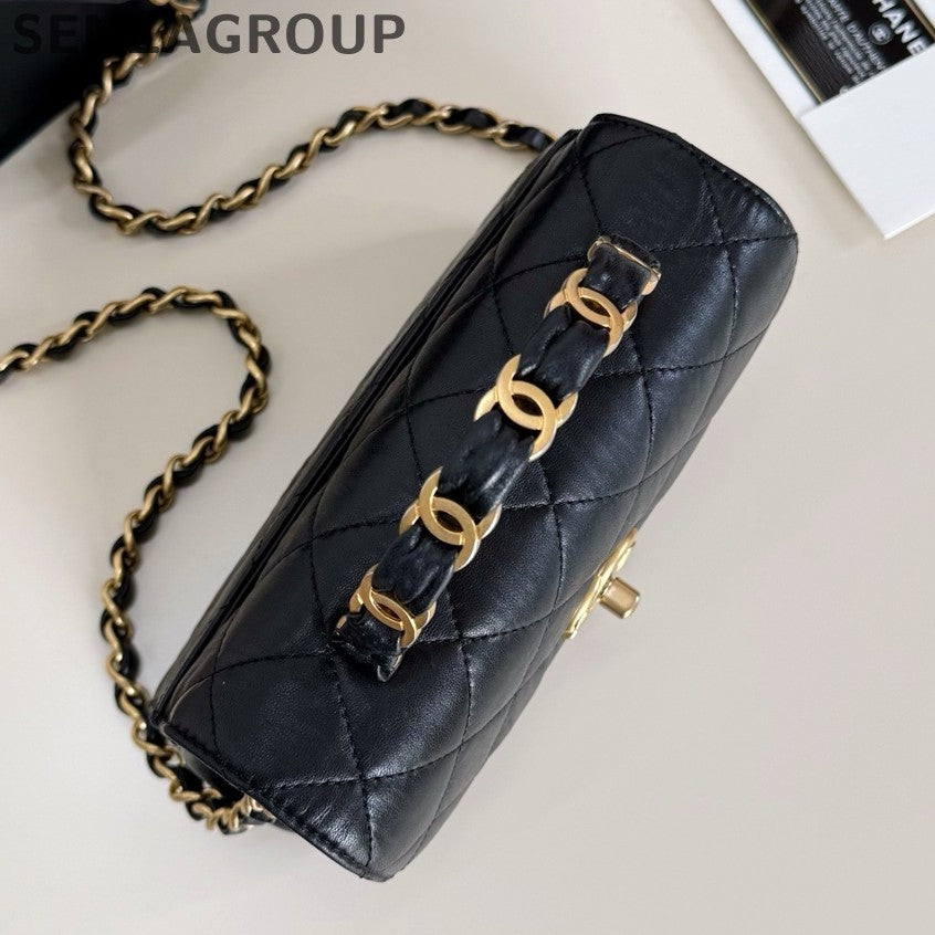 Chanel Kelly Diamond Chain Top Handle Crossbody Black Gold Women Classic
