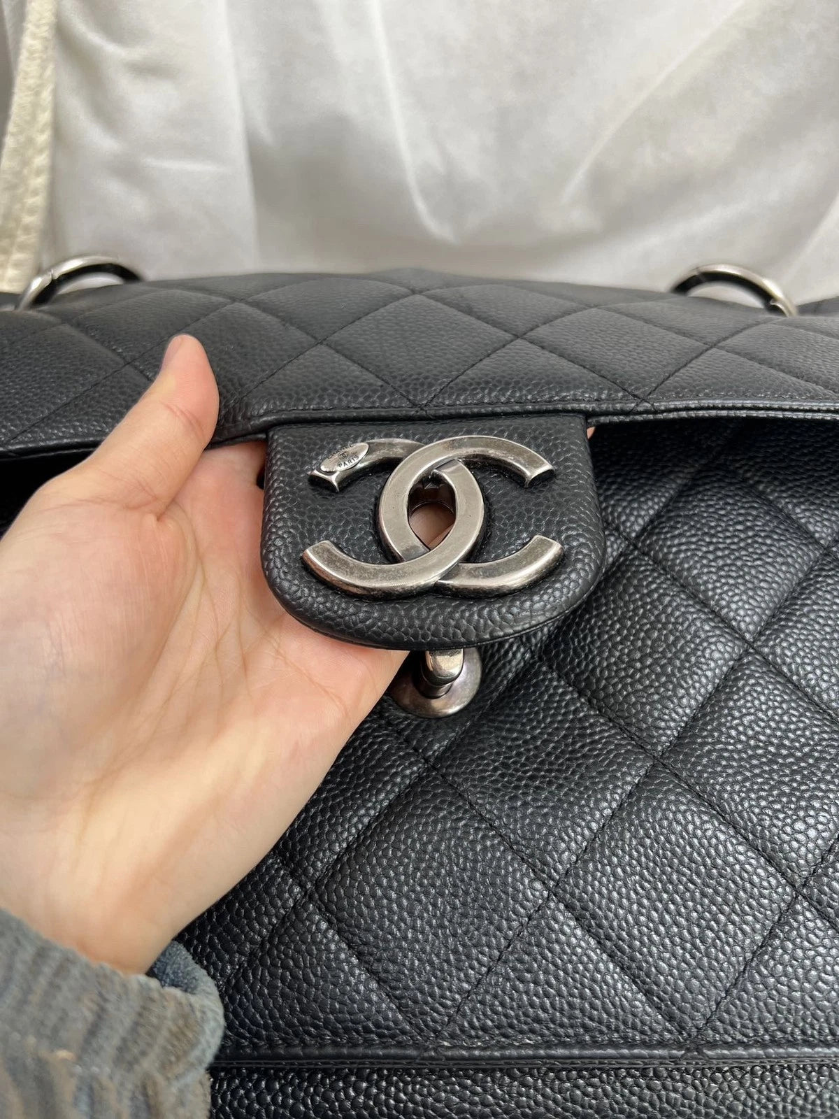Chanel Bombay Calfskin Chain Shoulder Bag Black Silver Women Classic
