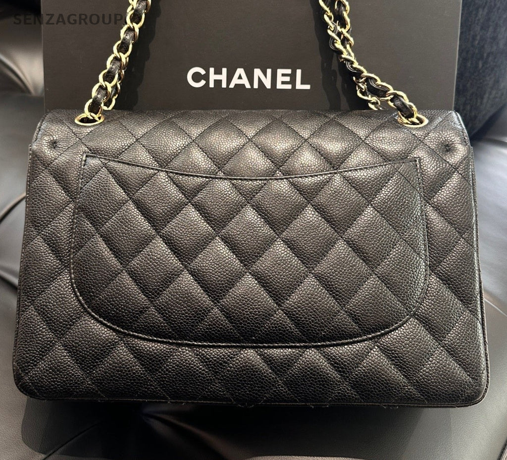 Chanel Classic Flap Jumbo GM Chain Shoulder Bag Black Gold Women Fashion