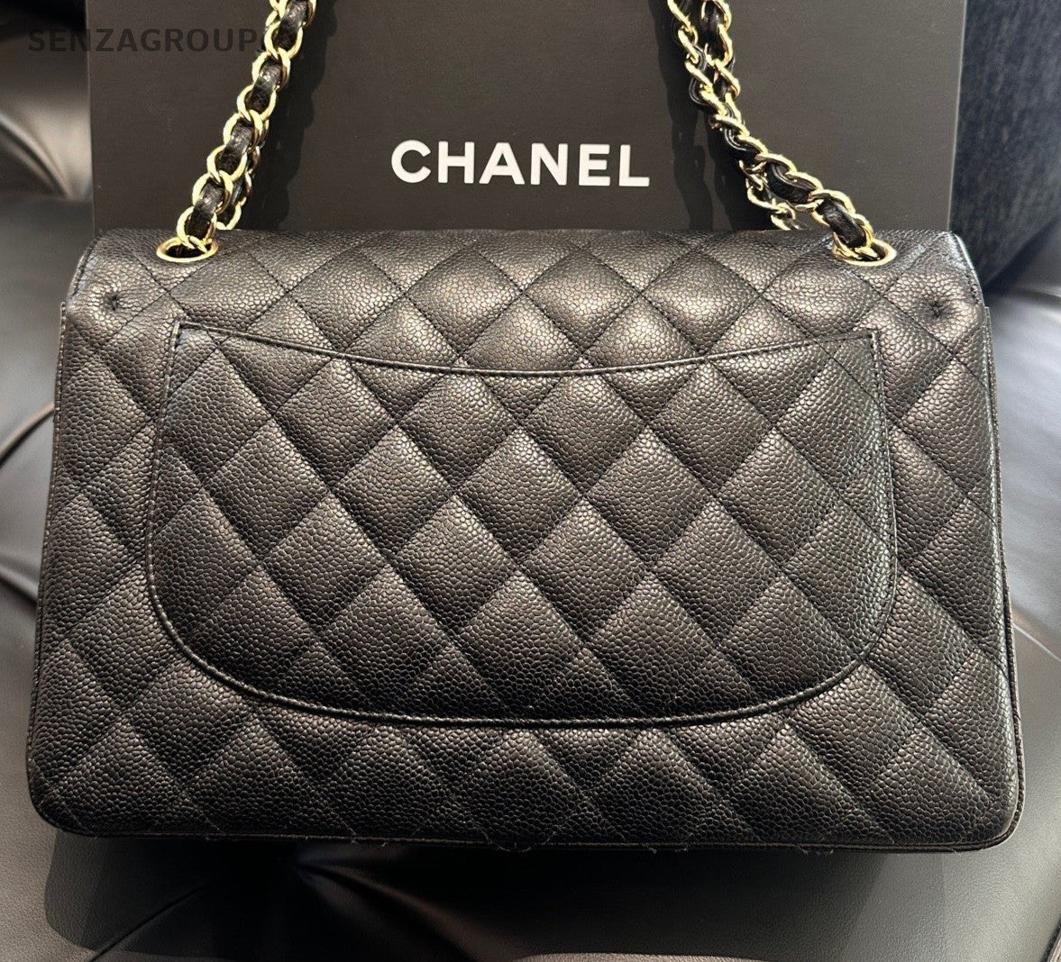 Chanel Classic Flap Jumbo GM Chain Shoulder Bag Black Gold Women Fashion