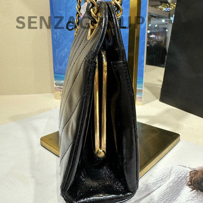 Chanel Vintage Black Gold Leather Chain Shoulder Bag Classic Women